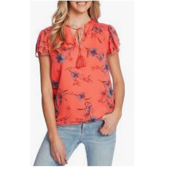 CECE Expressive Lillies Split Neck Top in Hot Lava Size M - Picture 2 of 10